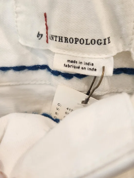 Anthropologie White Pants with Blue Embroidered Trim - Picture 4 of 7